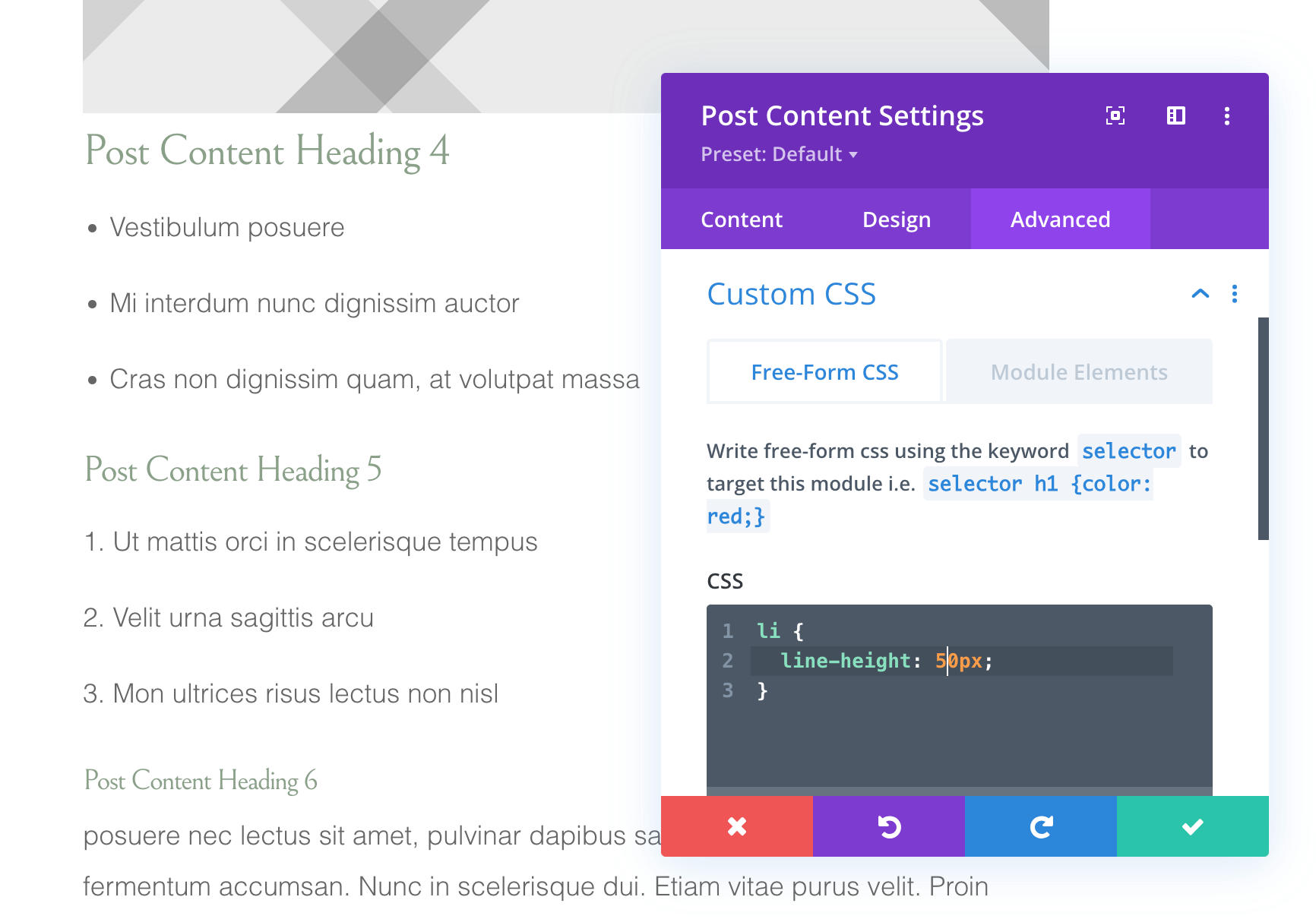 Divi custom CSS lists (50px line height)