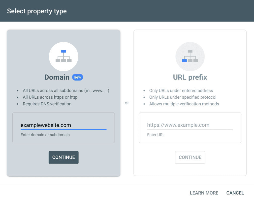 Google Search Console Select Property Type