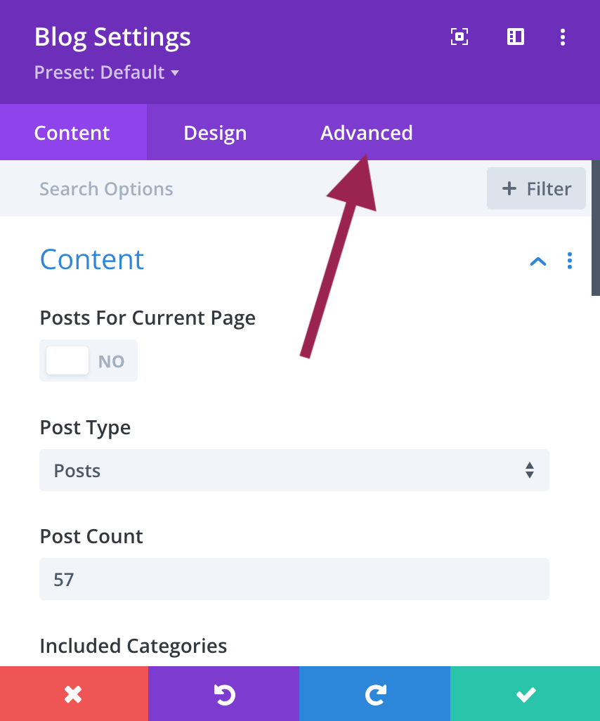 How to adjust the spacing between the feature image and title in the Divi blog module - Step 1. Select the Advanced tab