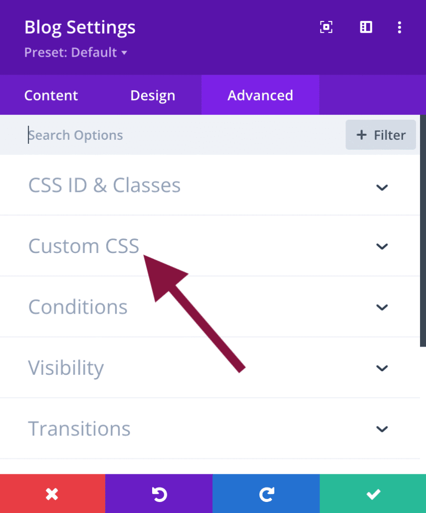 How to adjust the spacing between the feature image and title in the Divi blog module - Step 3. Select the Custom CSS tab