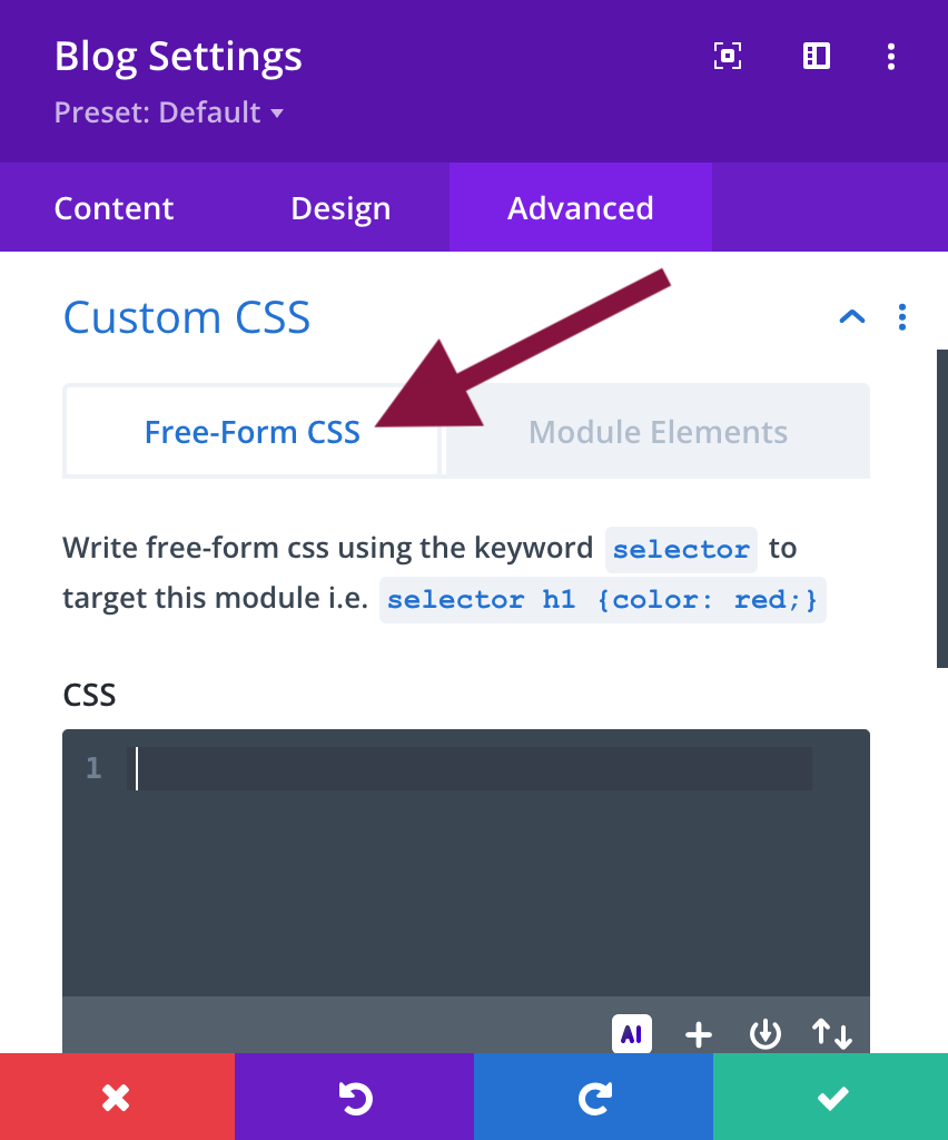 How to adjust the spacing between the feature image and title in the Divi blog module - Step 4. Make sure you are in the Free-Form CSS tab