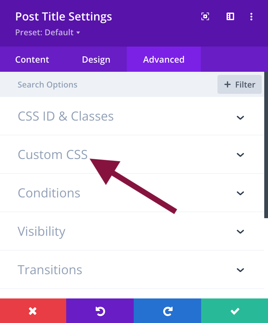 Select "Custom CSS" under the Advanced tab