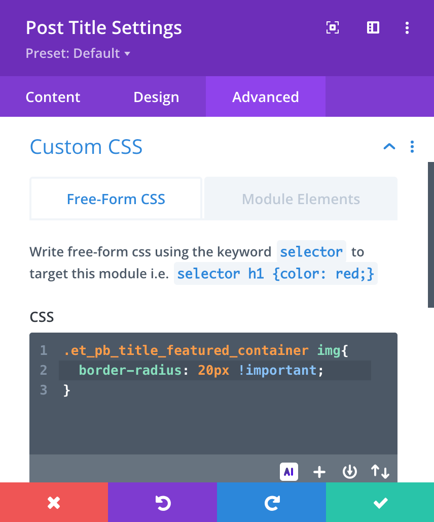 Add CSS to the Custom CSS field using the combinator selector