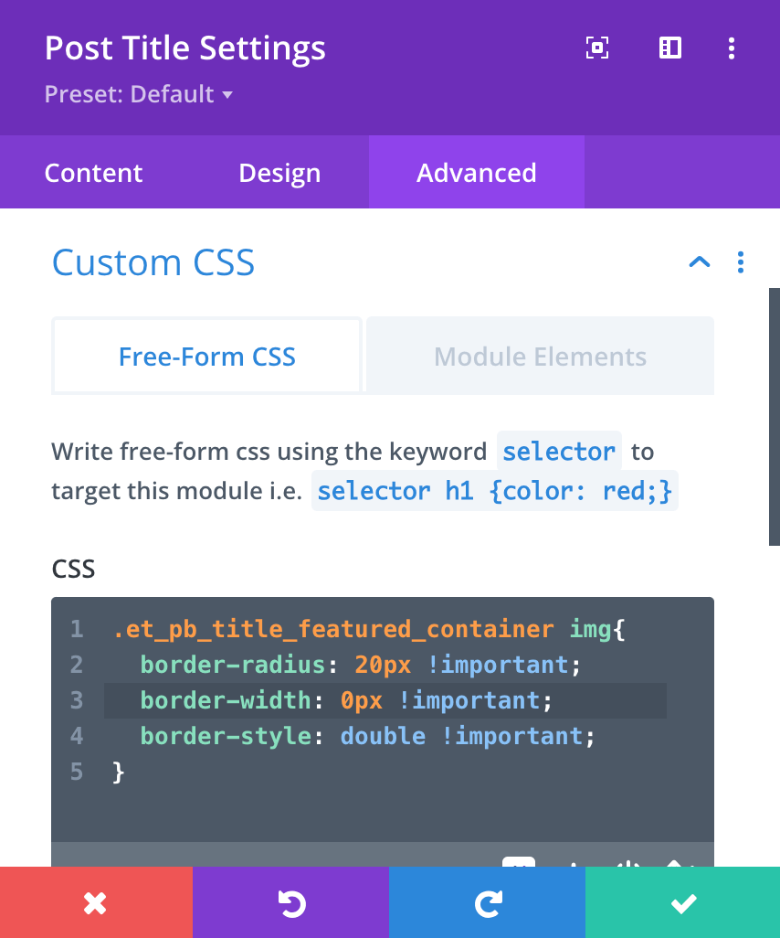Add all of the properties and values you'd like to customize you feature image as you'd like in Divi