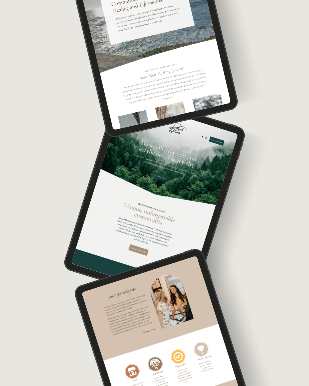 Three tablets displaying custom client web designs by Las Vegas web design company Desert Rose Design & Photo Co.